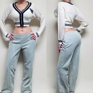 VINTAGE 80s Boho Sky Blue Suede Leather Low Cut Flare Wide Leg Plus Size Pants
